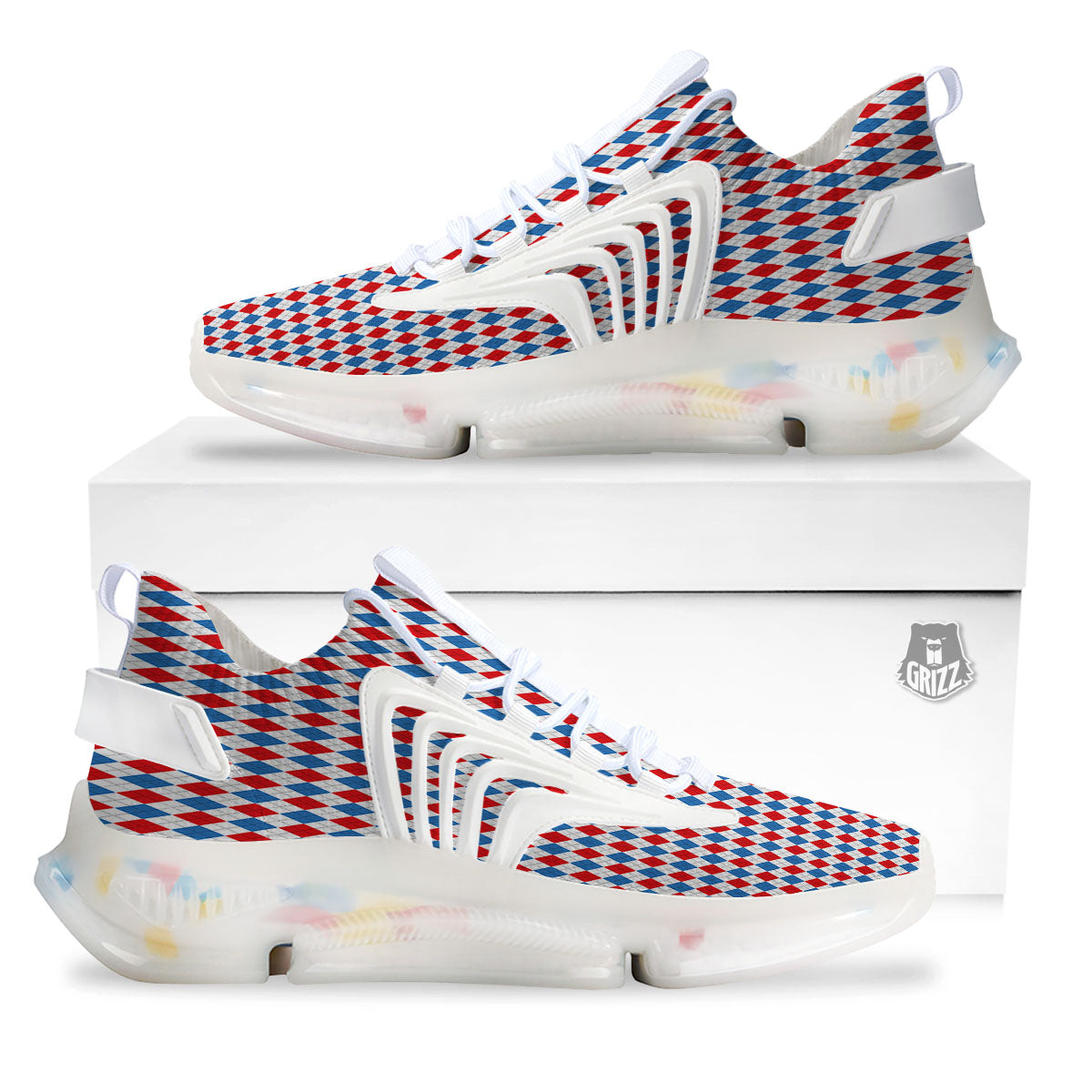 White Blue And Red Argyle Print Pattern White Gym Shoes-grizzshop