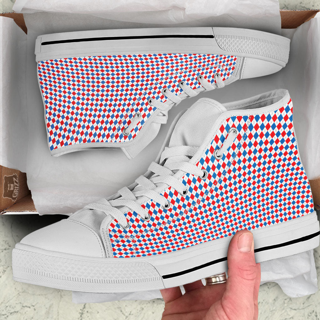 White Blue And Red Argyle Print Pattern White High Top Shoes-grizzshop