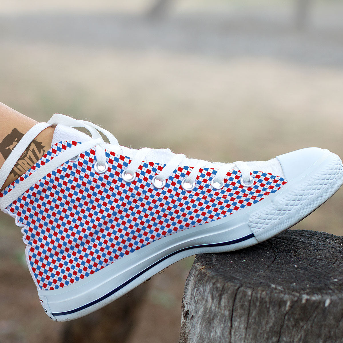 White Blue And Red Argyle Print Pattern White High Top Shoes-grizzshop