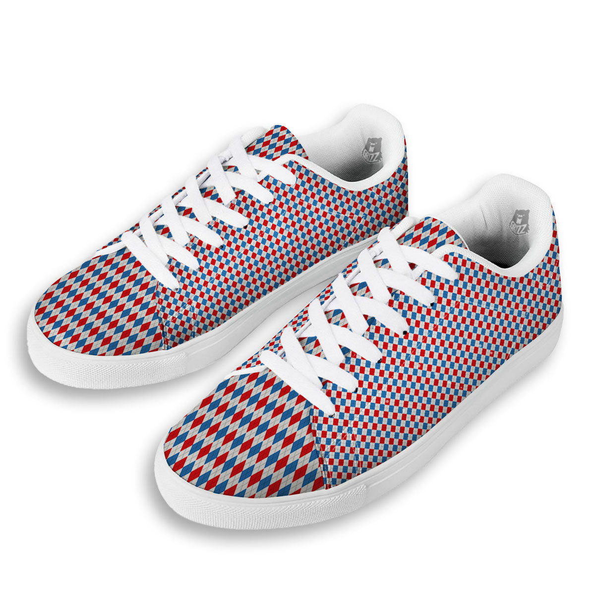 White Blue And Red Argyle Print Pattern White Low Top Sneakers-grizzshop