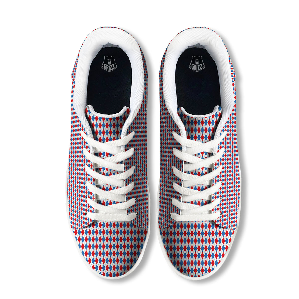 White Blue And Red Argyle Print Pattern White Low Top Sneakers-grizzshop