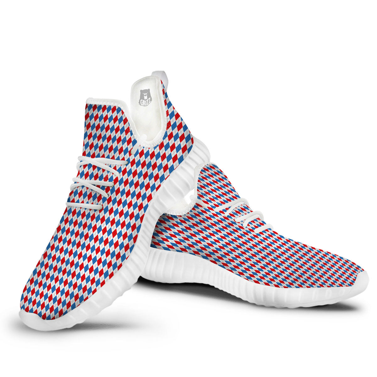 White Blue And Red Argyle Print Pattern White Walking Shoes-grizzshop