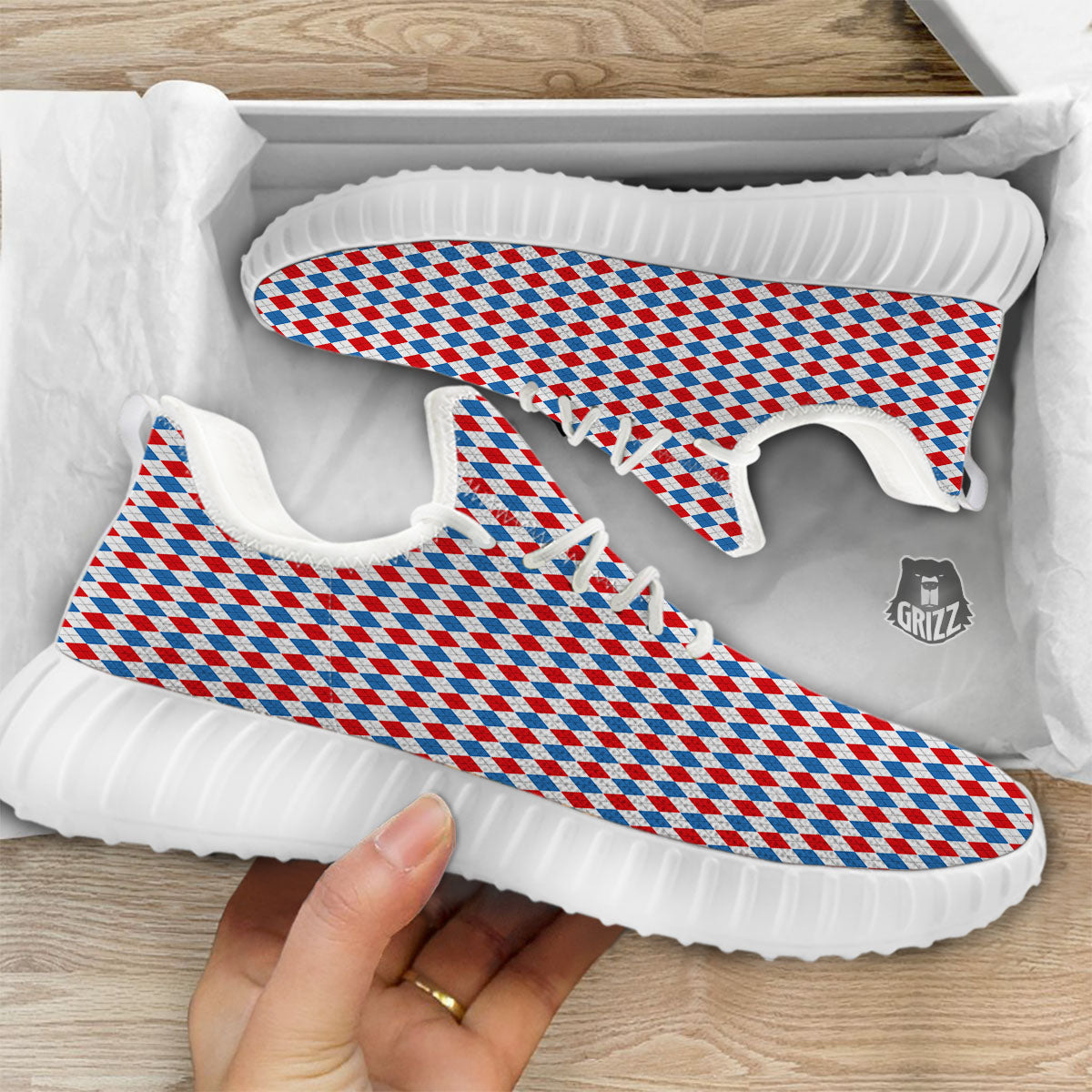White Blue And Red Argyle Print Pattern White Walking Shoes-grizzshop