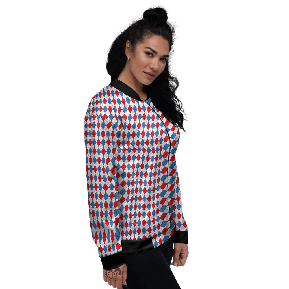 White Blue And Red Argyle Print Pattern Women's Bomber Jacket-grizzshop