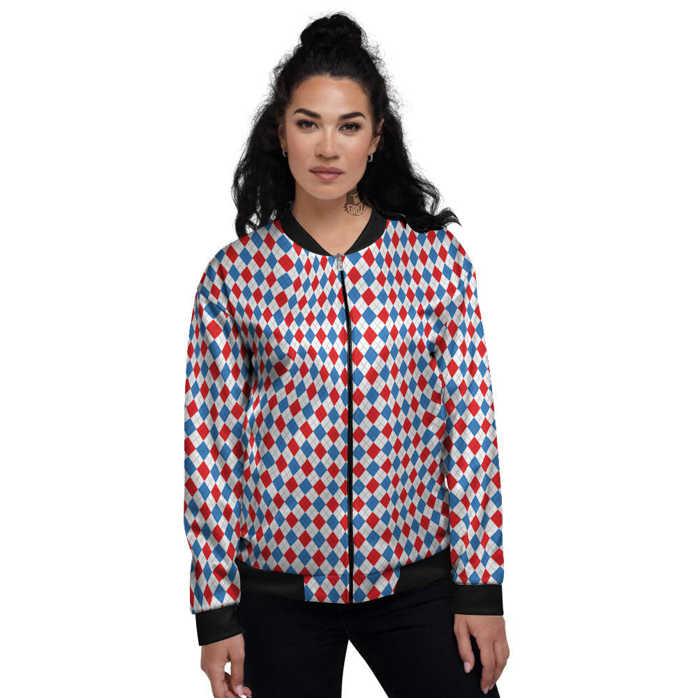 White Blue And Red Argyle Print Pattern Women's Bomber Jacket-grizzshop