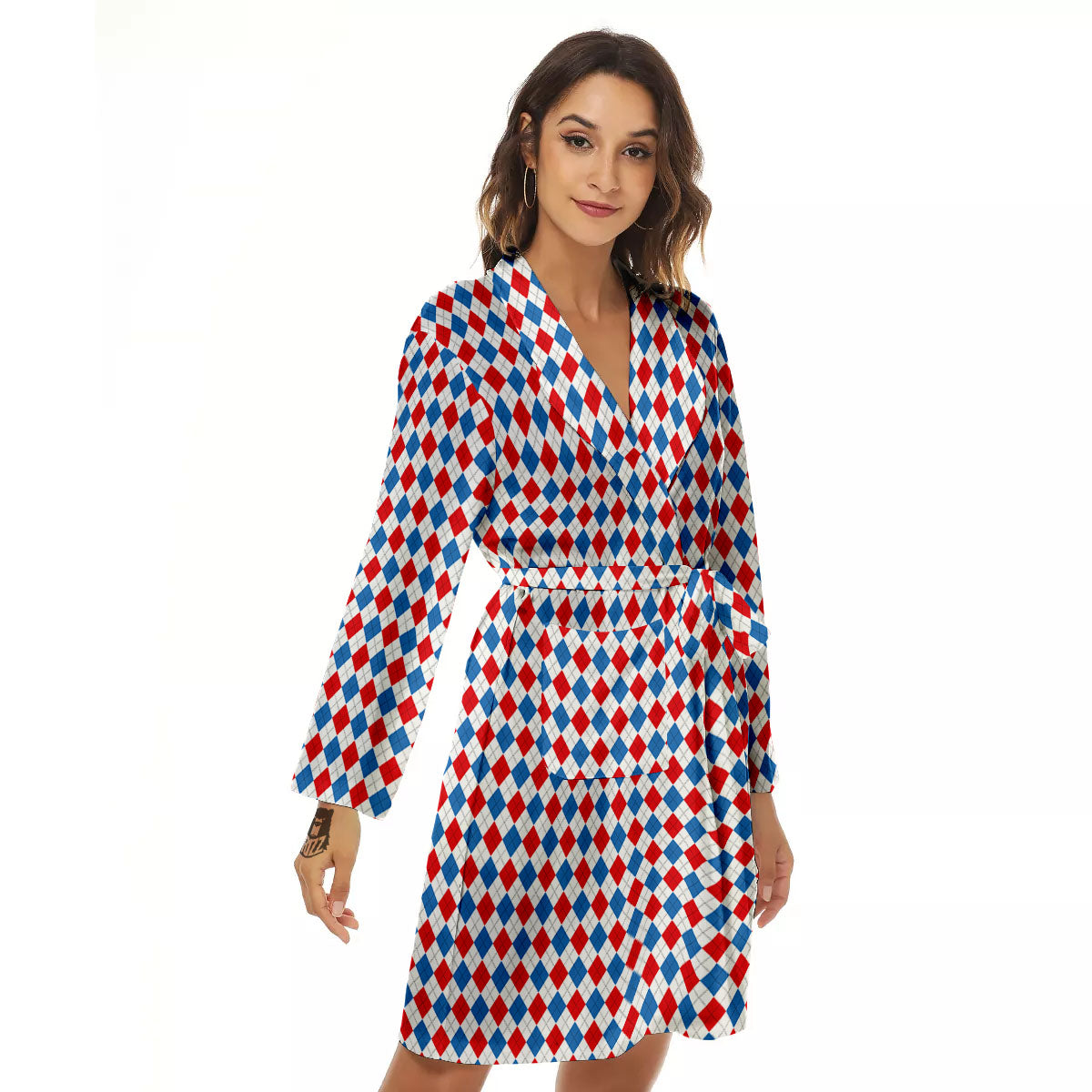 White Blue And Red Argyle Print Pattern Women's Robe-grizzshop