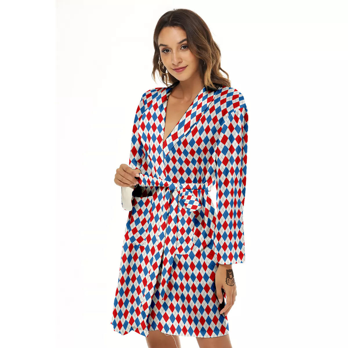 White Blue And Red Argyle Print Pattern Women's Robe-grizzshop