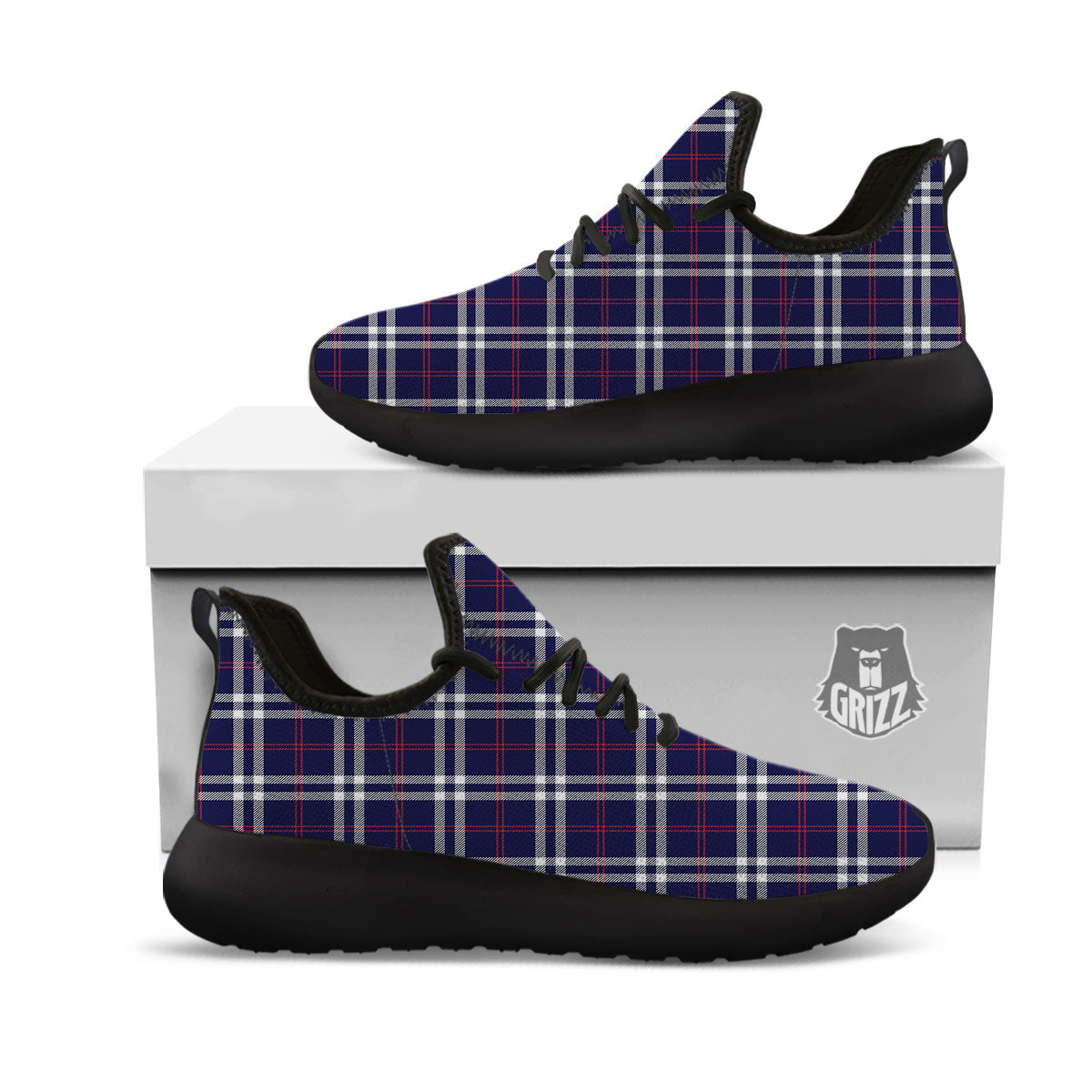 White Blue And Red Tartan Print Pattern Black Athletic Shoes-grizzshop
