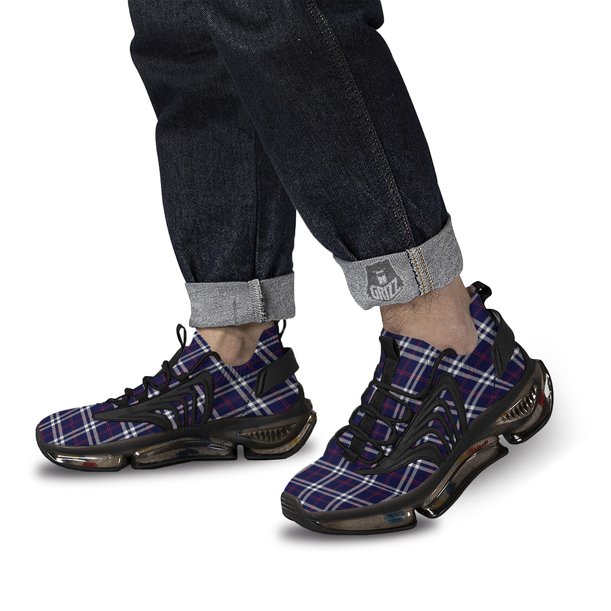 White Blue And Red Tartan Print Pattern Black Gym Shoes-grizzshop