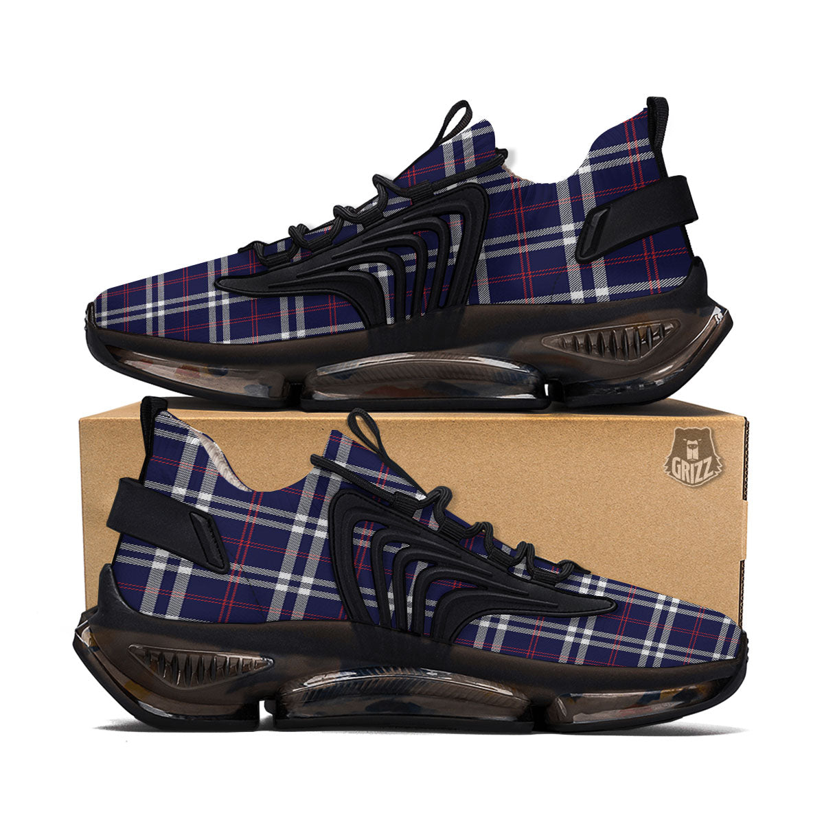 White Blue And Red Tartan Print Pattern Black Gym Shoes-grizzshop