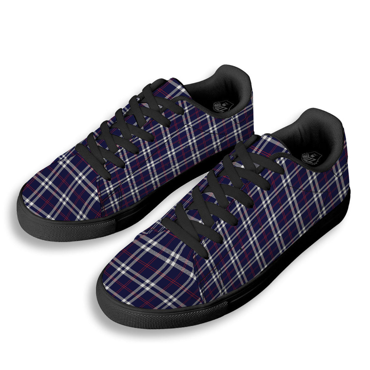 White Blue And Red Tartan Print Pattern Black Low Top Sneakers-grizzshop