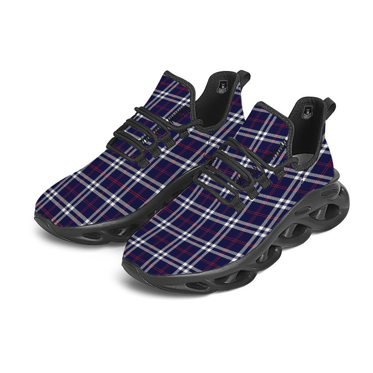 White Blue And Red Tartan Print Pattern Black Running Shoes-grizzshop