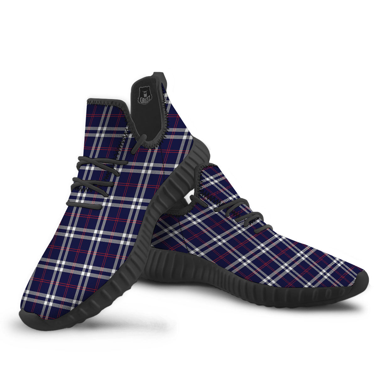 White Blue And Red Tartan Print Pattern Black Walking Shoes-grizzshop