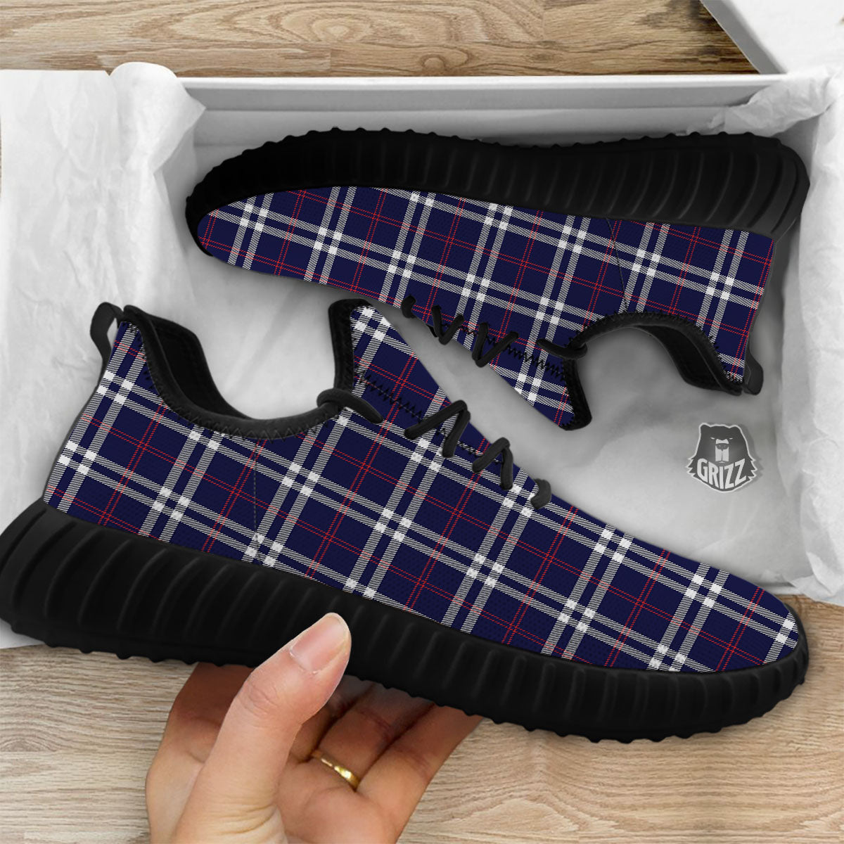 White Blue And Red Tartan Print Pattern Black Walking Shoes-grizzshop