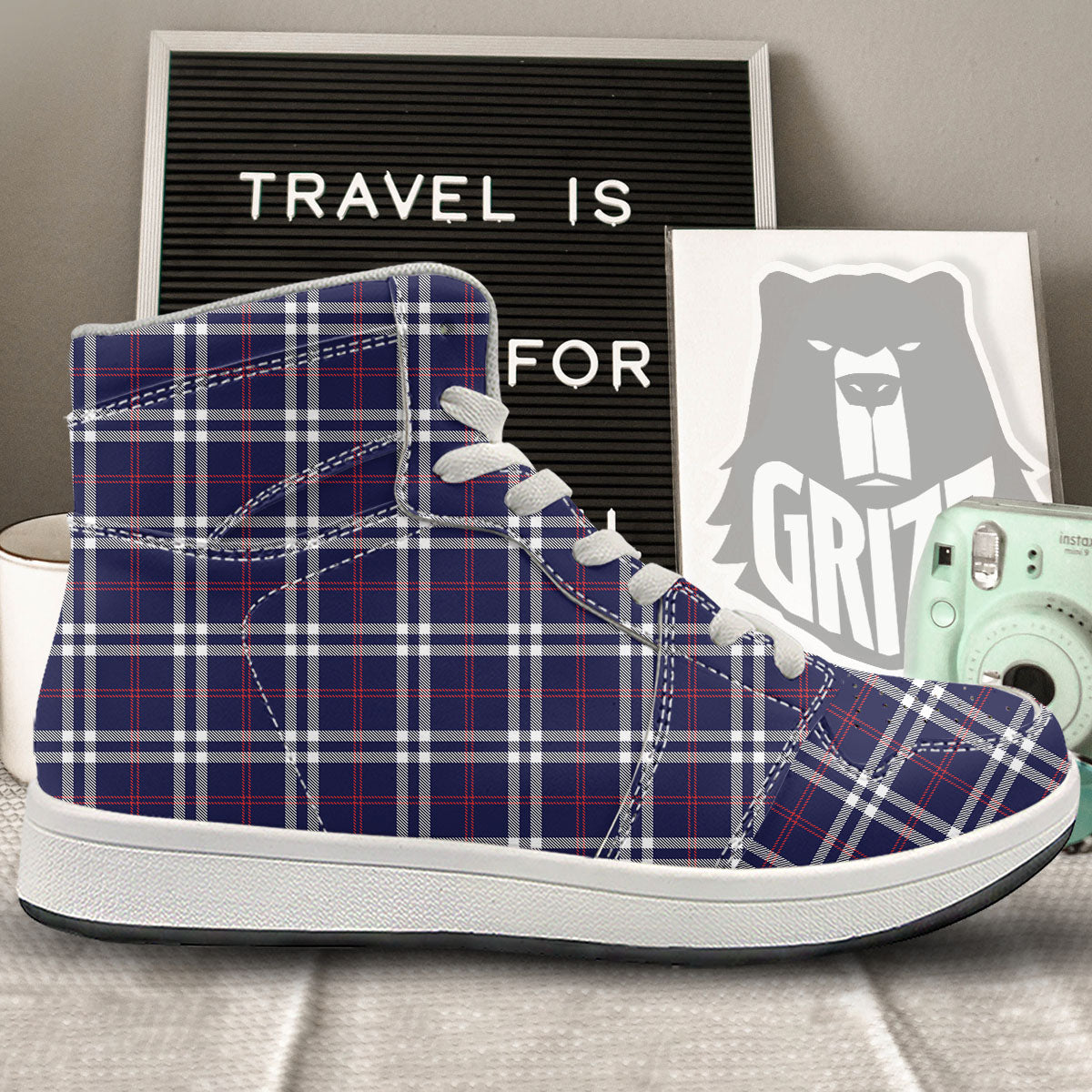 White Blue And Red Tartan Print Pattern High Top Sneakers-grizzshop