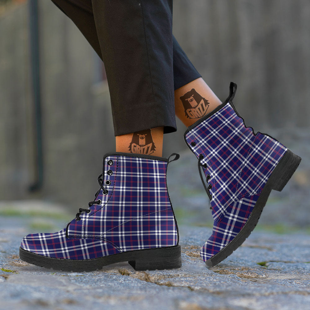 White Blue And Red Tartan Print Pattern Leather Boots-grizzshop