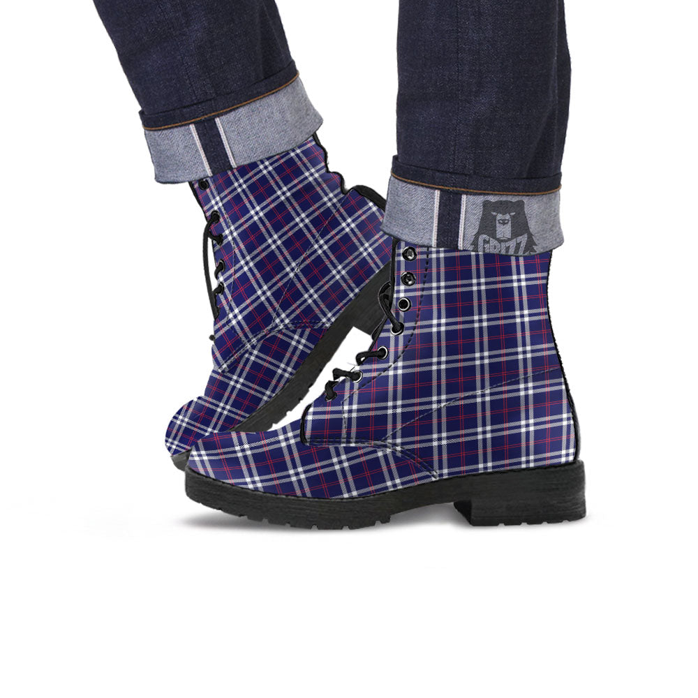 White Blue And Red Tartan Print Pattern Leather Boots-grizzshop