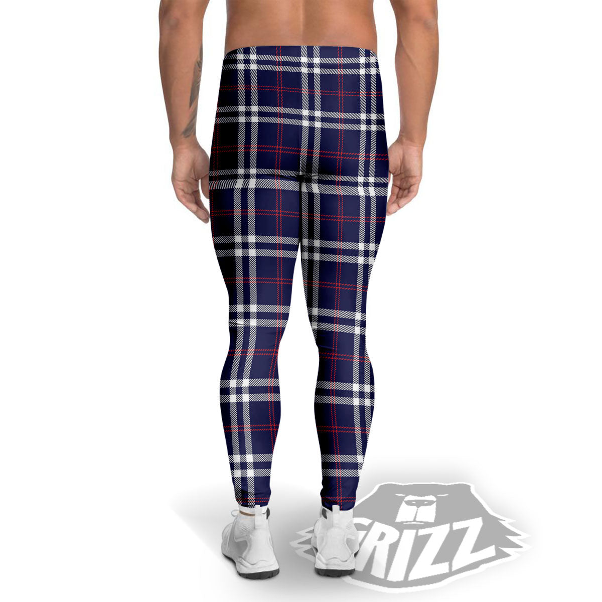 White Blue And Red Tartan Print Pattern Men's Leggings-grizzshop