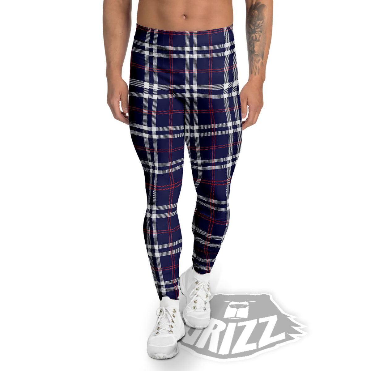 White Blue And Red Tartan Print Pattern Men's Leggings-grizzshop