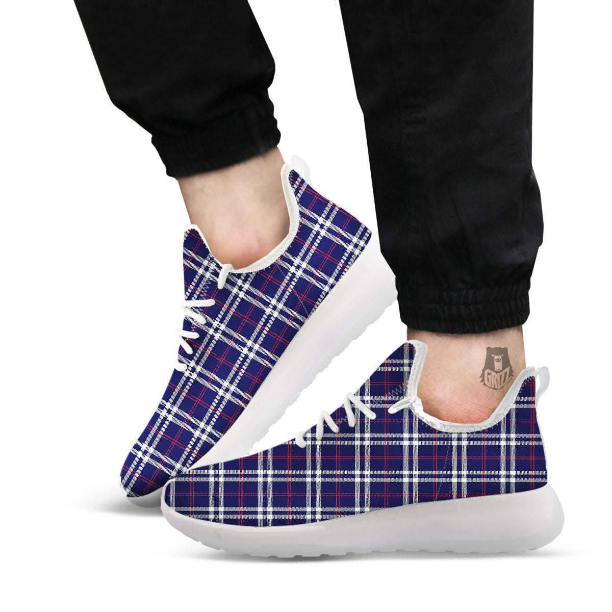 White Blue And Red Tartan Print Pattern White Athletic Shoes-grizzshop