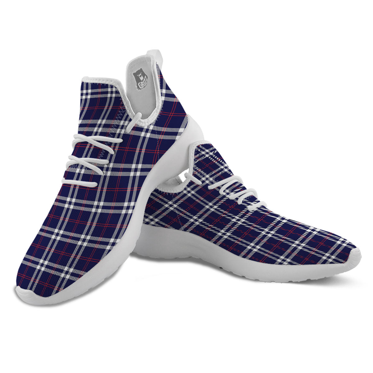 White Blue And Red Tartan Print Pattern White Athletic Shoes-grizzshop