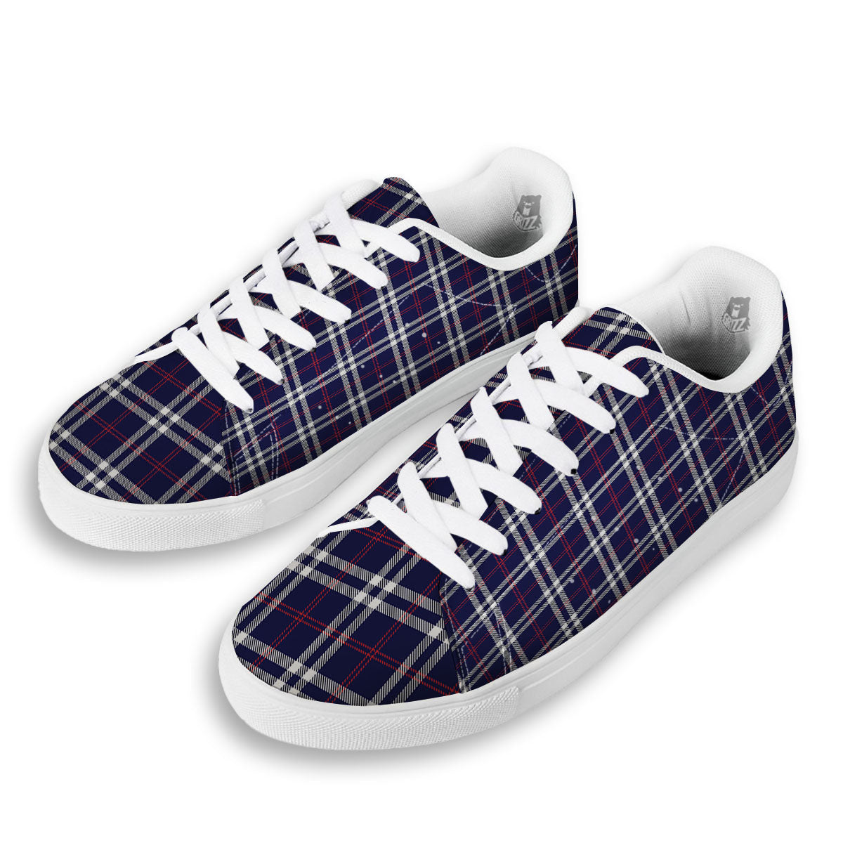 White Blue And Red Tartan Print Pattern White Low Top Sneakers-grizzshop