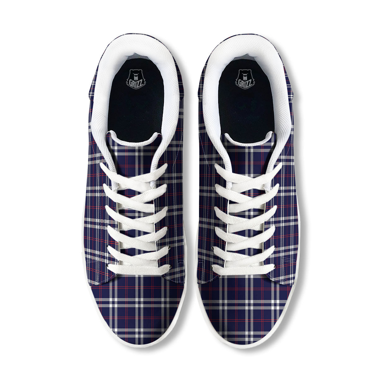 White Blue And Red Tartan Print Pattern White Low Top Sneakers-grizzshop