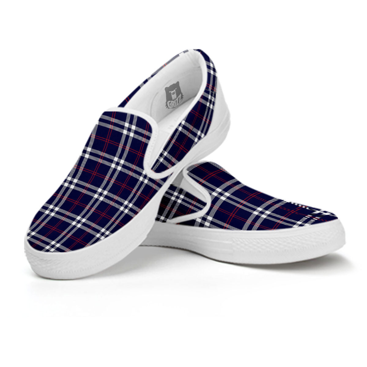 White Blue And Red Tartan Print Pattern White Slip On Shoes-grizzshop