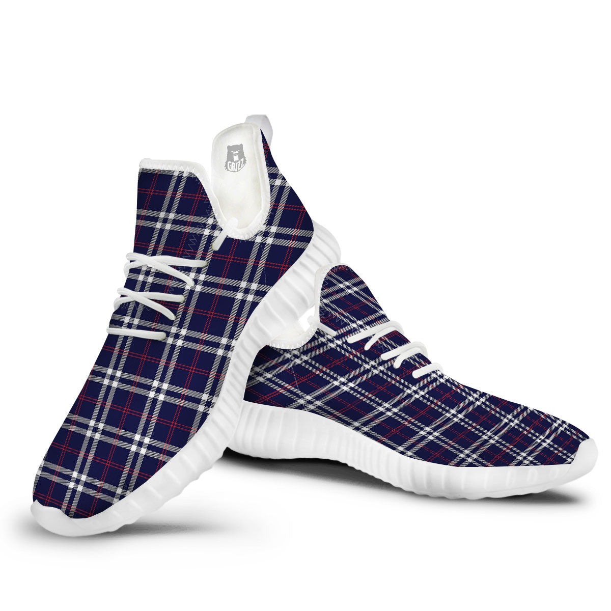 White Blue And Red Tartan Print Pattern White Walking Shoes-grizzshop