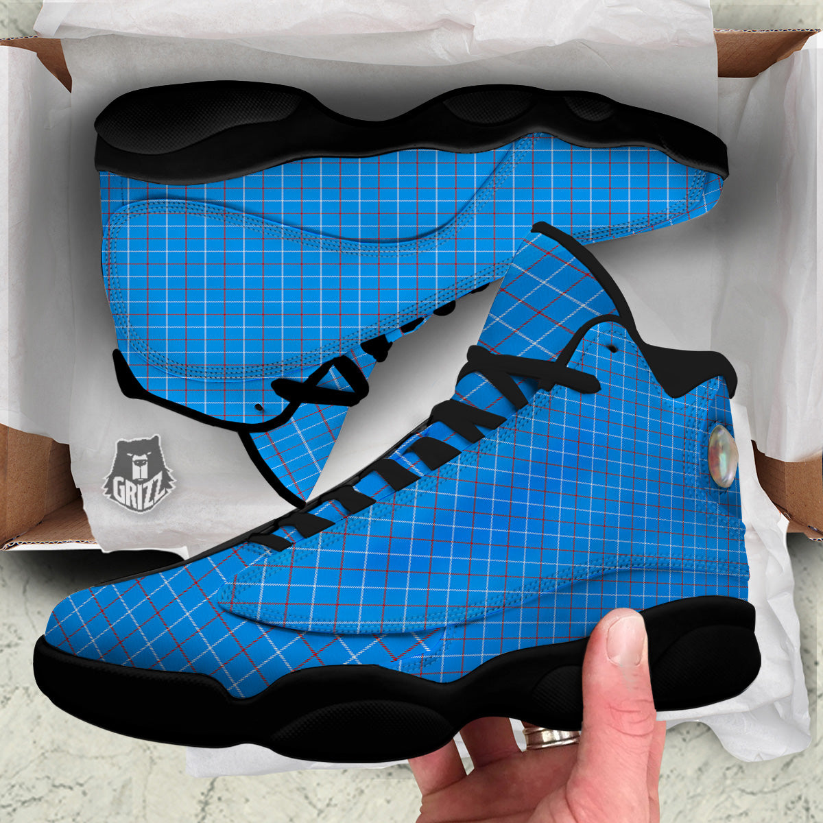 White Blue And Red Tattersall Print Black Basketball Shoes-grizzshop
