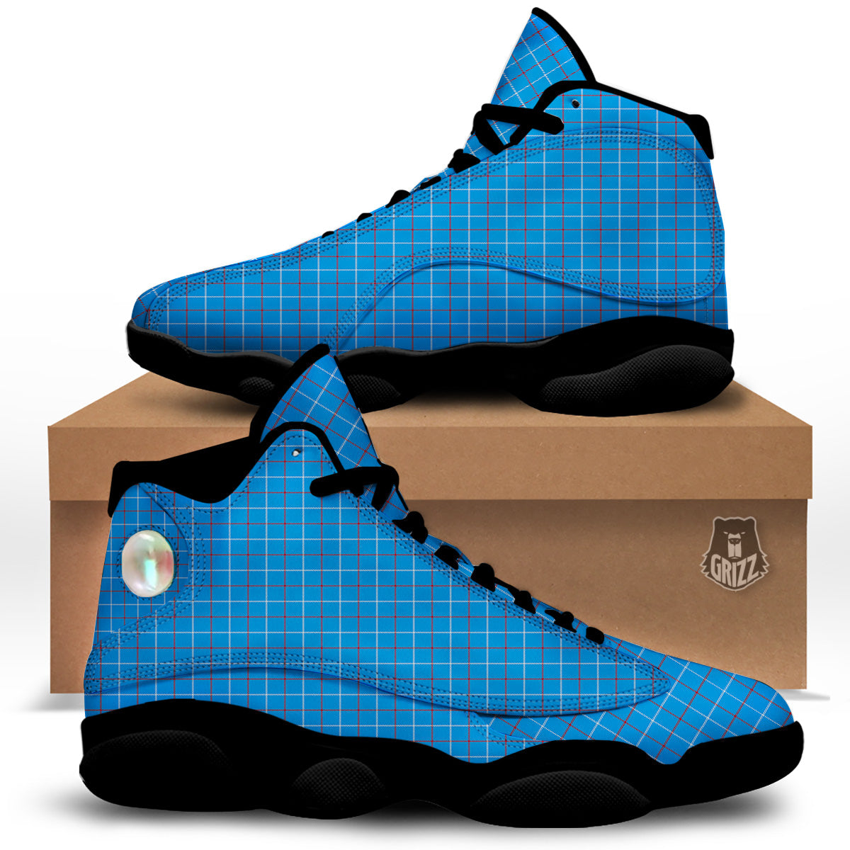 White Blue And Red Tattersall Print Black Basketball Shoes-grizzshop