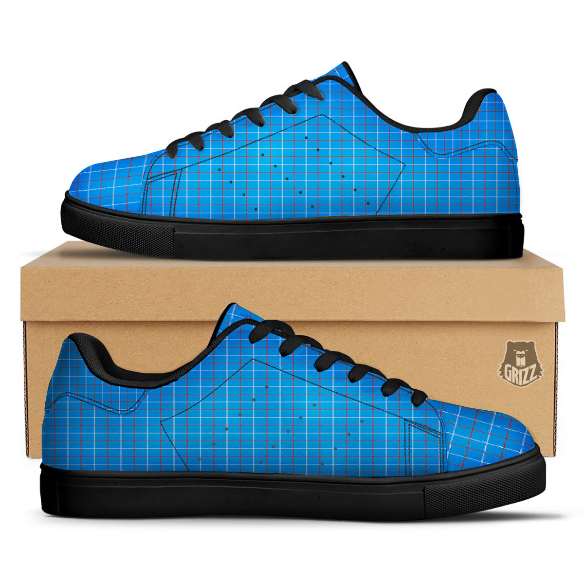 White Blue And Red Tattersall Print Black Low Top Sneakers-grizzshop