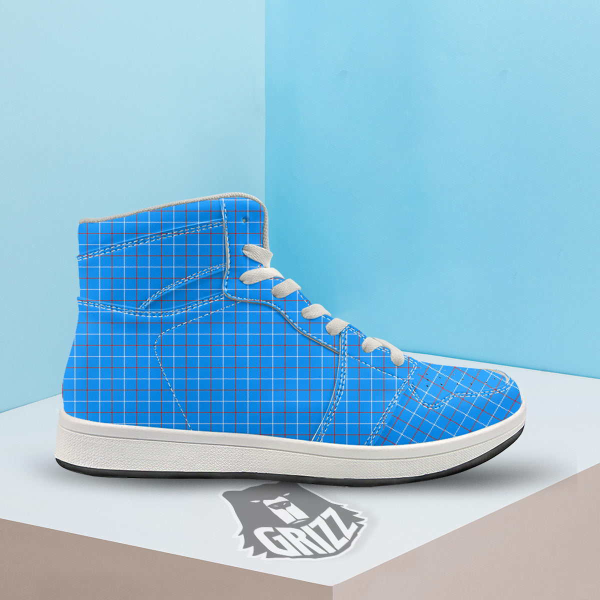 White Blue And Red Tattersall Print High Top Sneakers-grizzshop