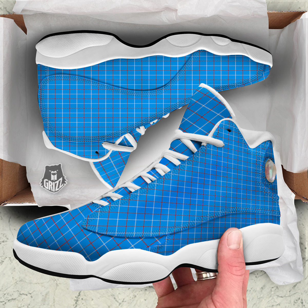 White Blue And Red Tattersall Print White Basketball Shoes-grizzshop