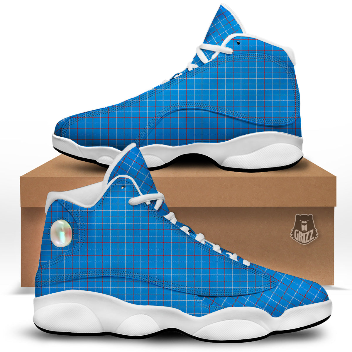 White Blue And Red Tattersall Print White Basketball Shoes-grizzshop