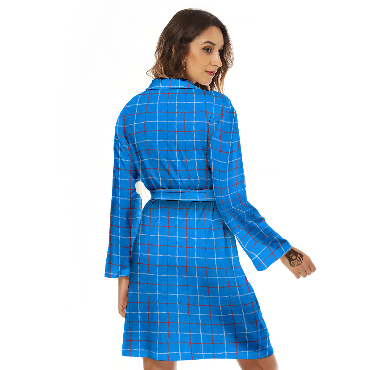 White Blue And Red Tattersall Print Women's Robe-grizzshop
