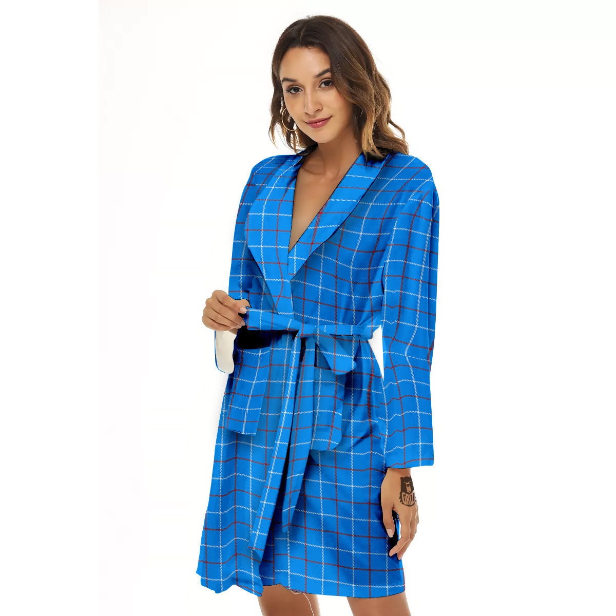 White Blue And Red Tattersall Print Women's Robe-grizzshop