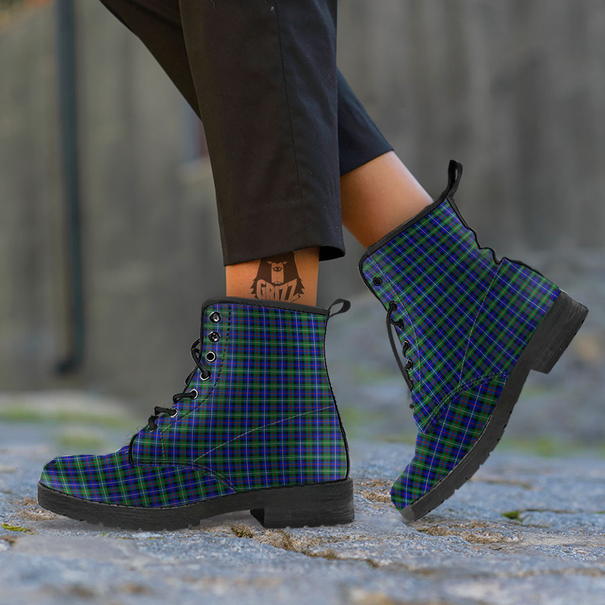 White Buffalo And Green Blue Plaid Print Leather Boots-grizzshop