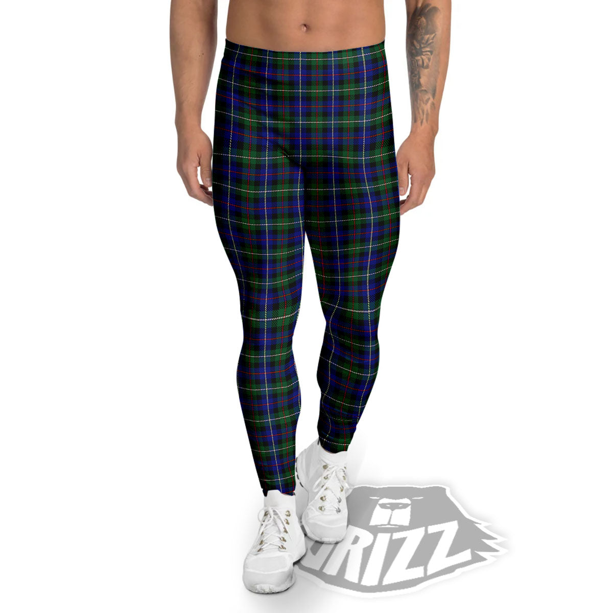 White Buffalo And Green Blue Plaid Print Men's Leggings-grizzshop