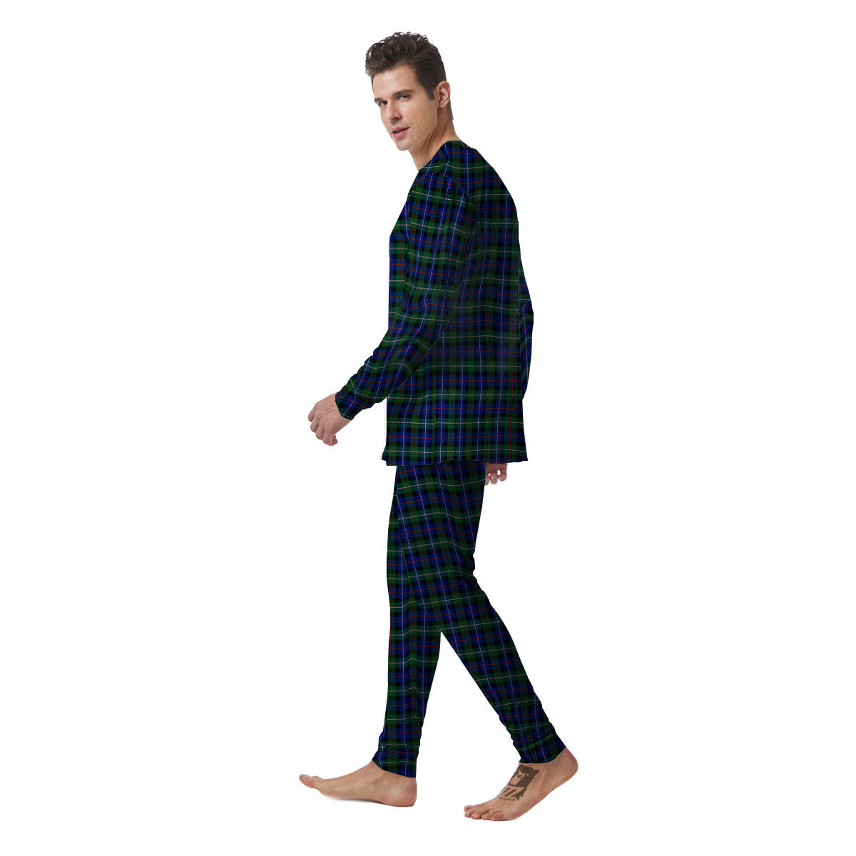 White Buffalo And Green Blue Plaid Print Men's Pajamas-grizzshop