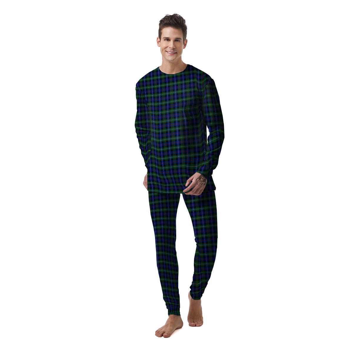 White Buffalo And Green Blue Plaid Print Men's Pajamas-grizzshop