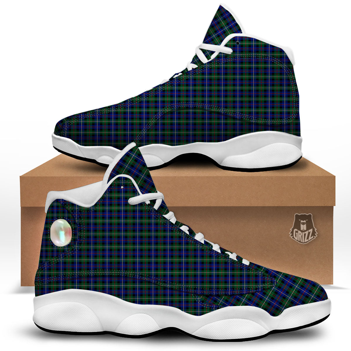 White Buffalo And Green Blue Plaid Print White Basketball Shoes-grizzshop