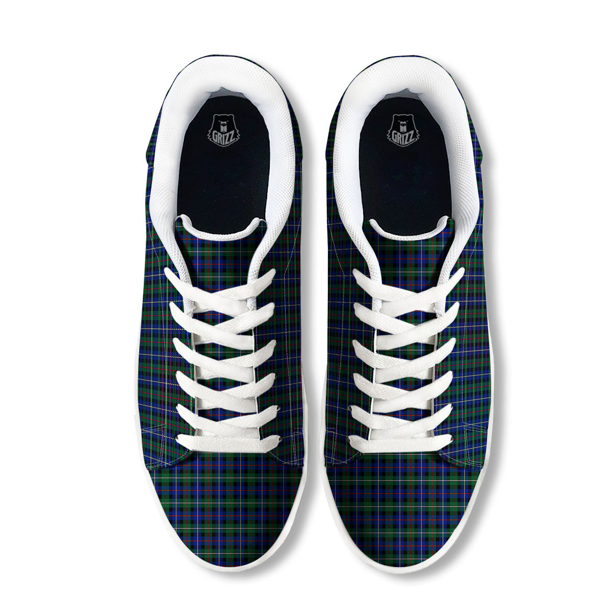 White Buffalo And Green Blue Plaid Print White Low Top Sneakers-grizzshop
