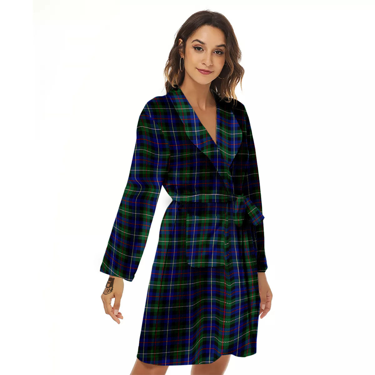 White Buffalo And Green Blue Plaid Print Women's Robe-grizzshop