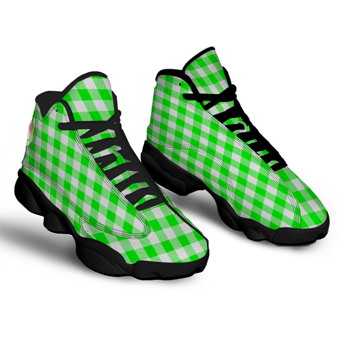 White Buffalo Check And UFO Green Print Pattern Black Basketball Shoes-grizzshop