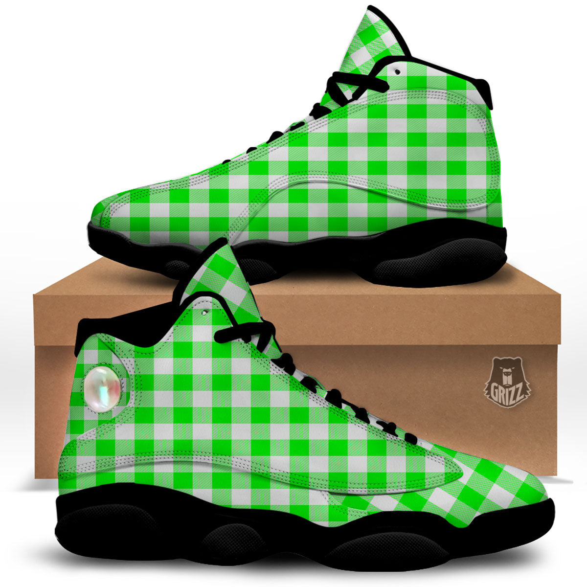 White Buffalo Check And UFO Green Print Pattern Black Basketball Shoes-grizzshop