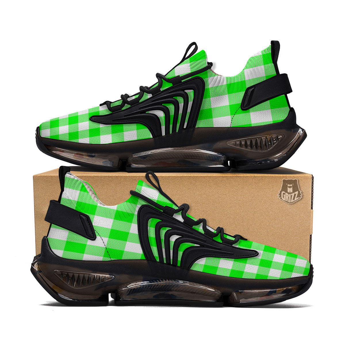 White Buffalo Check And UFO Green Print Pattern Black Gym Shoes-grizzshop