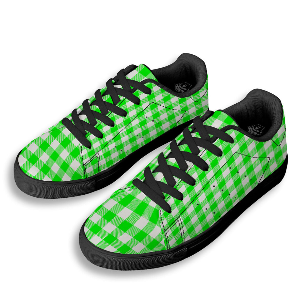 White Buffalo Check And UFO Green Print Pattern Black Low Top Sneakers-grizzshop