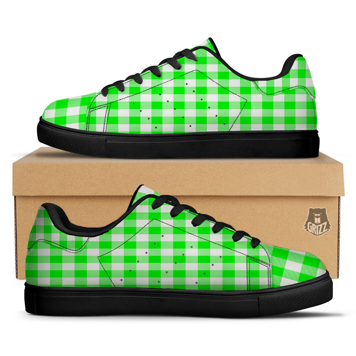 White Buffalo Check And UFO Green Print Pattern Black Low Top Sneakers-grizzshop