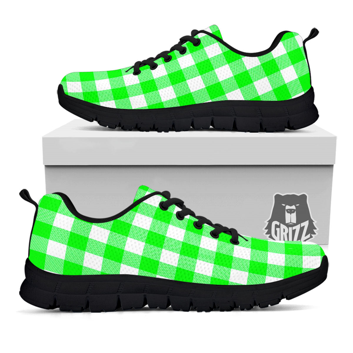 White Buffalo Check And UFO Green Print Pattern Black Sneaker-grizzshop